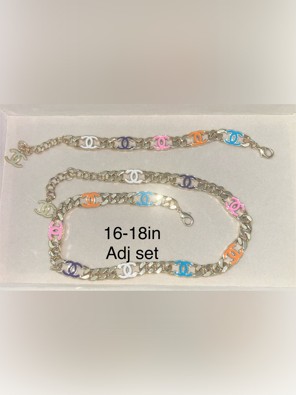 Multicolor Enamel Link Chain Necklace & Bracelet Set - Silver Tone